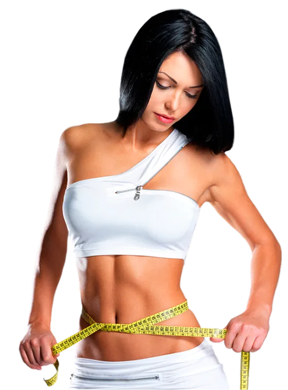 A woman in a white top measuring her waist with a tape measure.