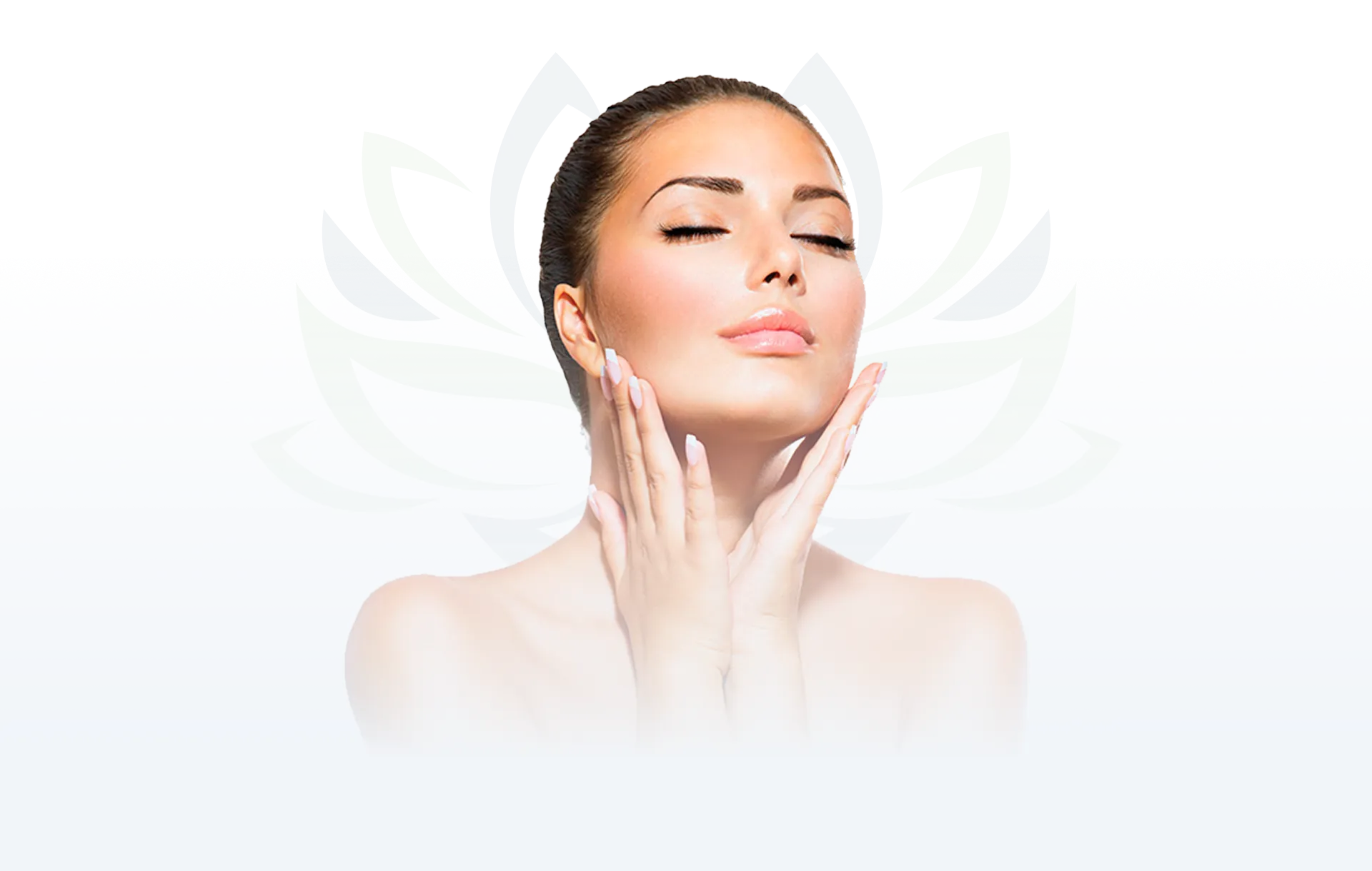 A woman with closed eyes and a serene expression gently touching her face. The background features abstract designs resembling leaves or petals.